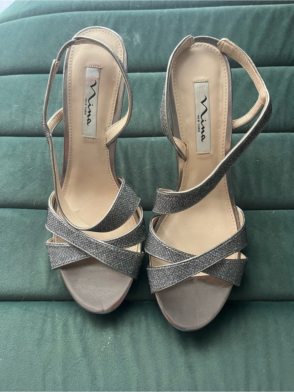 Nina New York Metallic Silver Crisscross Slingback Heels